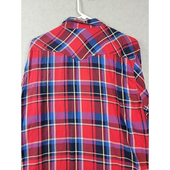 Lucky Brand 100% Cotton Red Blue Plaid LS Pearl Snap Western Shirt Men's XL - Picture 7 of 12